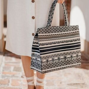 MANGO Patterned Navy and Cream Tote Bag